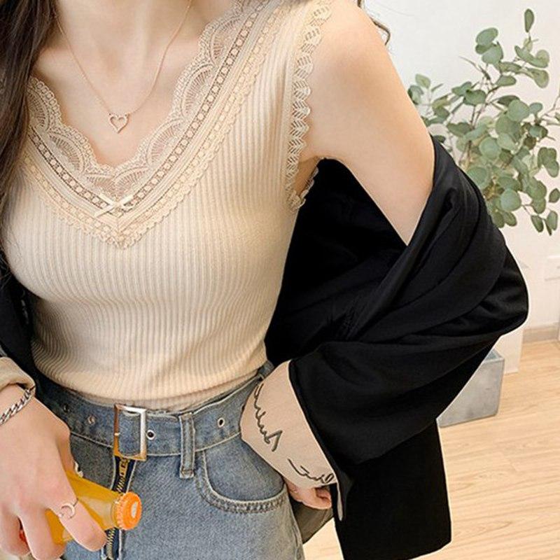 Dámské letní krajka Pletená košilka s výstřihem do V Vesta Bez rukávů Ledová Hedvábná Slim Spodní košile Jednobarevná Svrchní oblečení