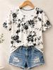 Women's Simple and Versatile Casual Short-Sleeve Floral Print Round-Neck Elegant T-Shirt Stylish Loose-Fitting Women's Top