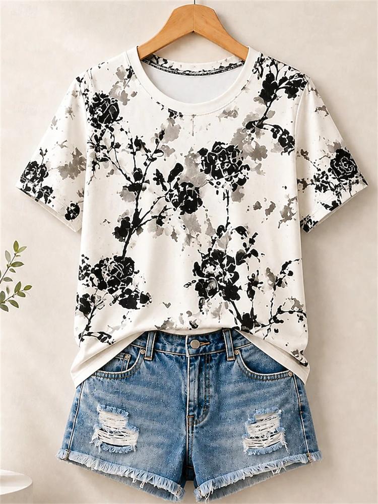 Women's Simple and Versatile Casual Short-Sleeve Floral Print Round-Neck Elegant T-Shirt Stylish Loose-Fitting Women's Top