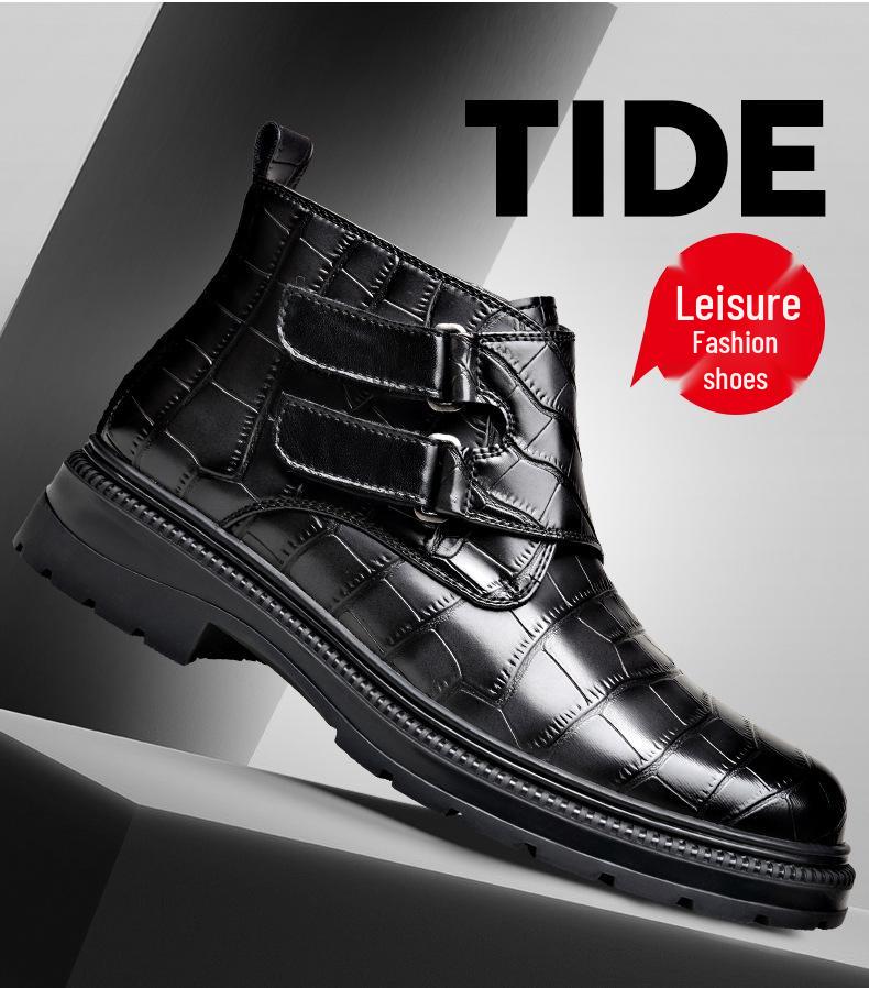 Men's Autumn/Winter Chelsea Leather Boots with Embossed Pattern, Buckle, Plus Velvet Warmth, and Velcro. Short Martin-Style.
