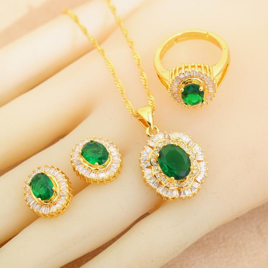 

Amazing Gold Plated Weding Jewelry Sets For Women Green Crystal Earrings Necklace Pendant Open Ring Party Gift