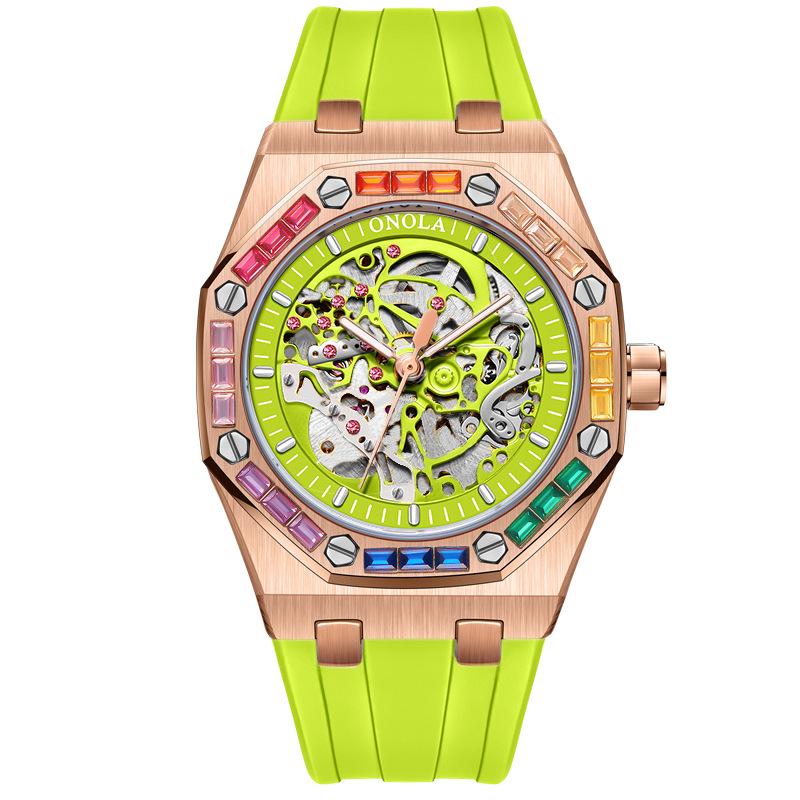 ONOLA Montre Homme Automatique Mécanique Fashion Diamants Arc-en-ciel Bracelet Silicone Étanche