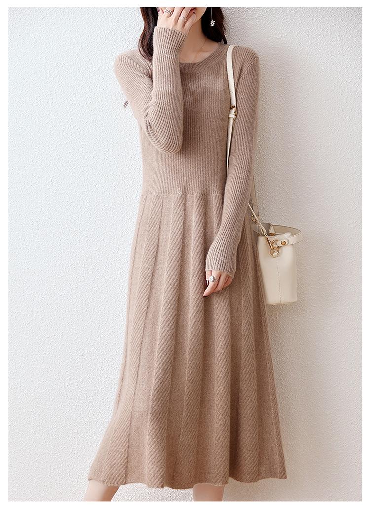 Women's Autumn Loose Merino Wool Crew Neck Sweater Dress Over-the-Knee