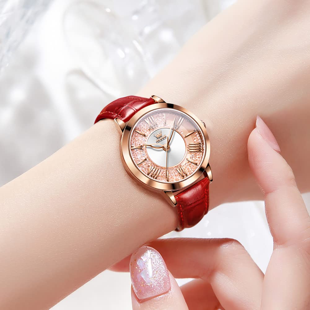 OLEVS Popular Quartz Watch with Rose Gold Diamond and Quicksand Sparkling Waterproof and Perfect Gift for Leather Red Women's Dial, Luminous, Mother's