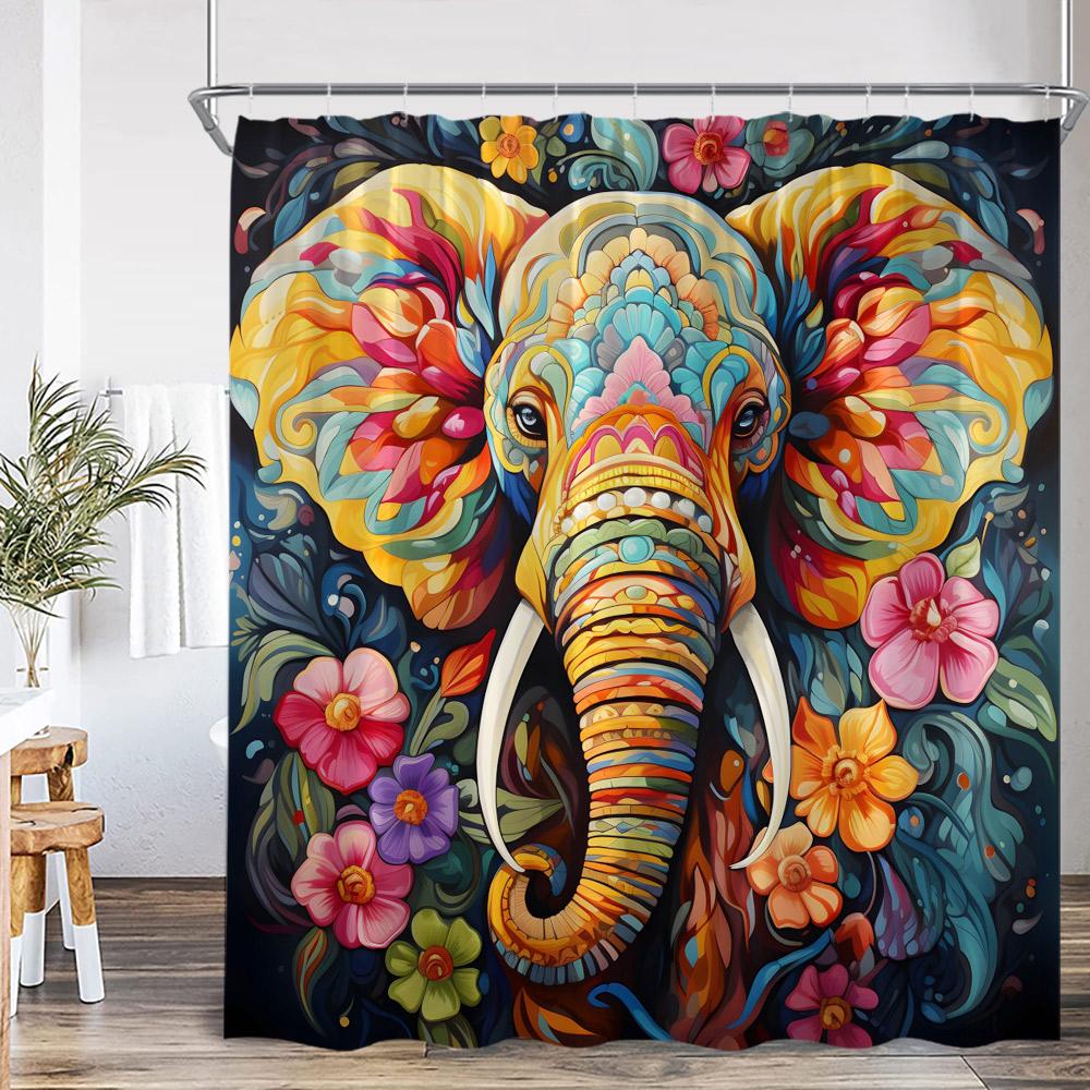 Elephant Boho Shower Curtain Mandala Colorful Flower Doodle Wild Animal Art Bathroom Decior Ethnic Indian Bath Curtain with Hook