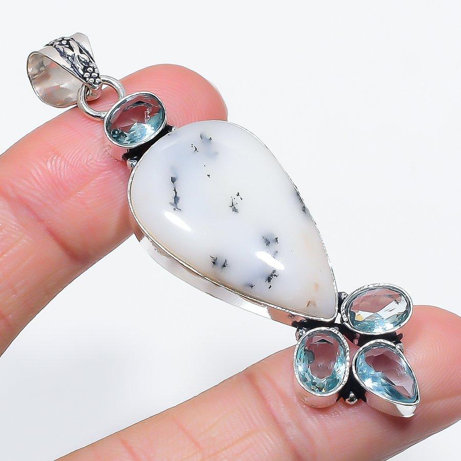 Natural Dendrite Opal, Topaz 925 Sterling Silver Jewelry Pendant 2.72" t2c72