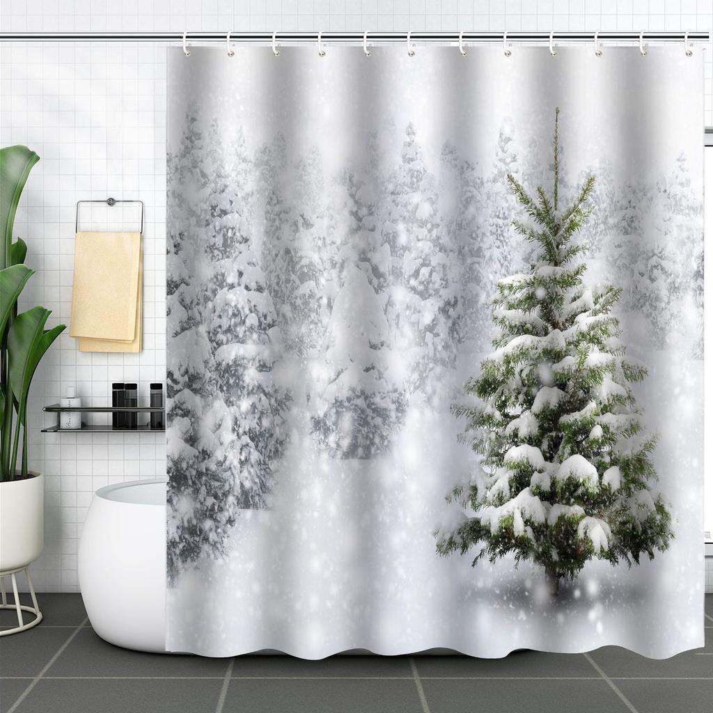 Best-Selling Christmas Digital Print Shower Curtain Waterproof, Includes Plastic C-Shaped Hooks