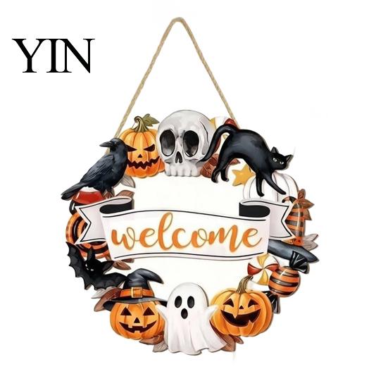 Fall Front Porch Signs Halloween Wooden Wreath Door Hanger Sign, Pumpkin Ghost Black Cat Witch Ornaments Bat Patterns, Hanging Plaque for Farmhouse