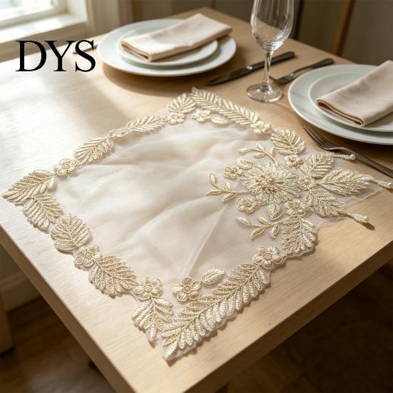 Decorative Floral Table Mats with Beads Embroidered Placemat, Heat Insulation Mat Beads, Lace Placemats for Dining Retro Coaster Wedding Decor Vintage