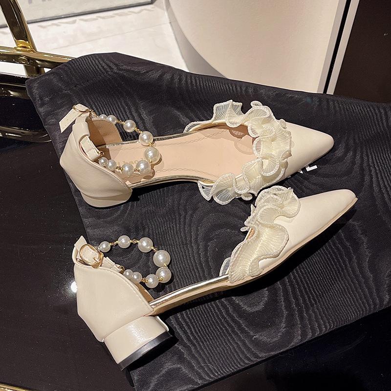 

Босоножки Баотоу новые летние с носком на шнуровке жемчуг вечерние туфли ретро 39 бежевый