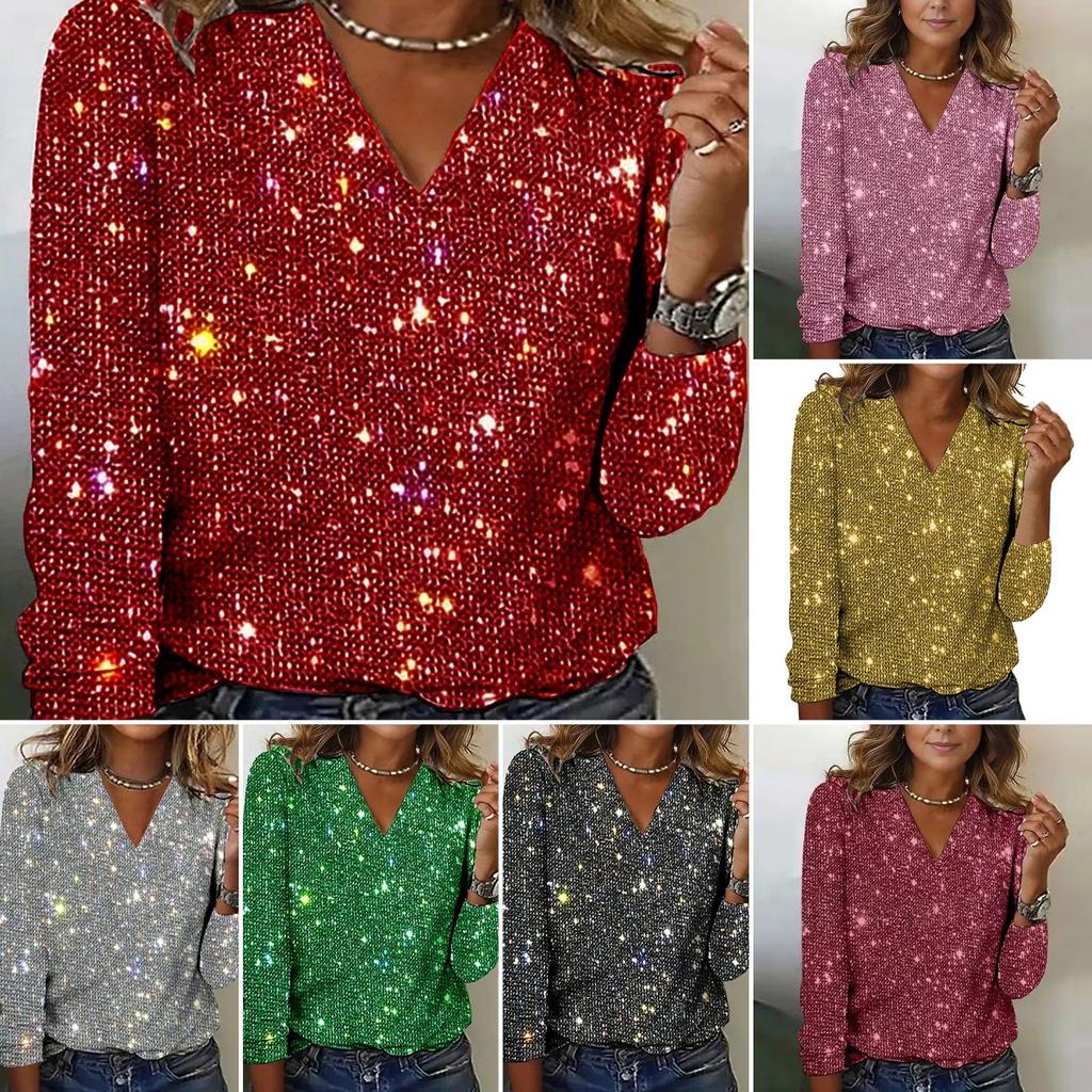 Top con Scollo a V Temperamentale, Elegante Monocolore, Top a Manica Lunga con Paillettes