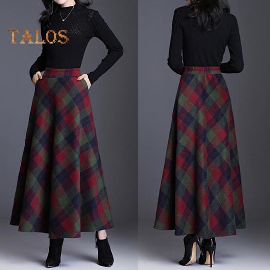 Damen Wollrock mit hoher Taille und Karomuster, A-Linien-Rock, Herbst/Winter, verdickter Rock mit großem Saum, für den Alltag