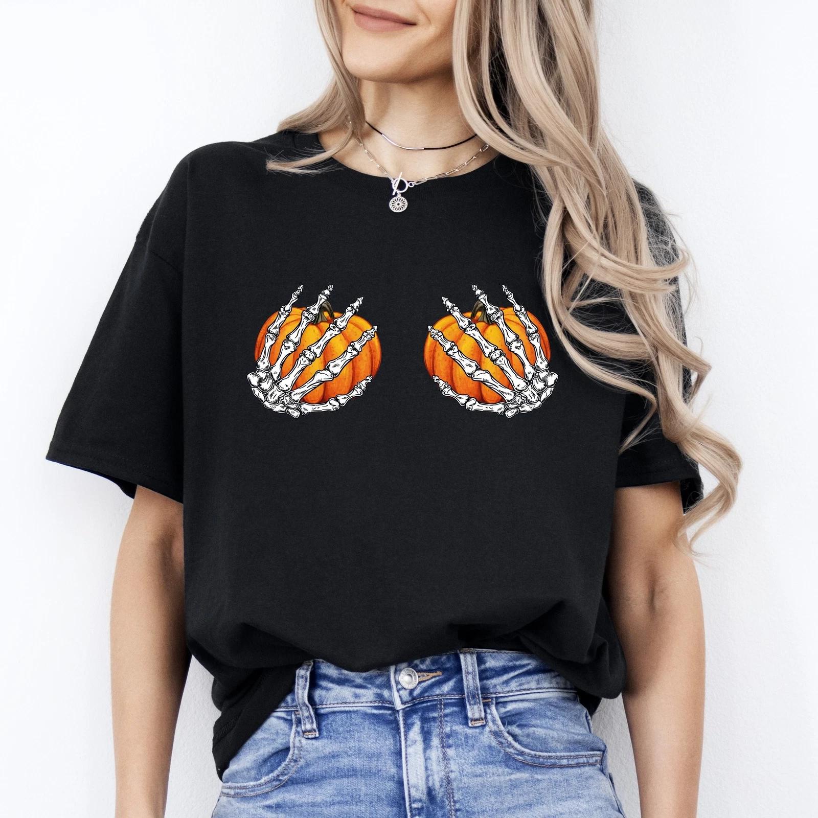 Breast pumpkins Halloween Unisex T-Shirt Funny breast skeleton hands pumpkin tee 4XL
