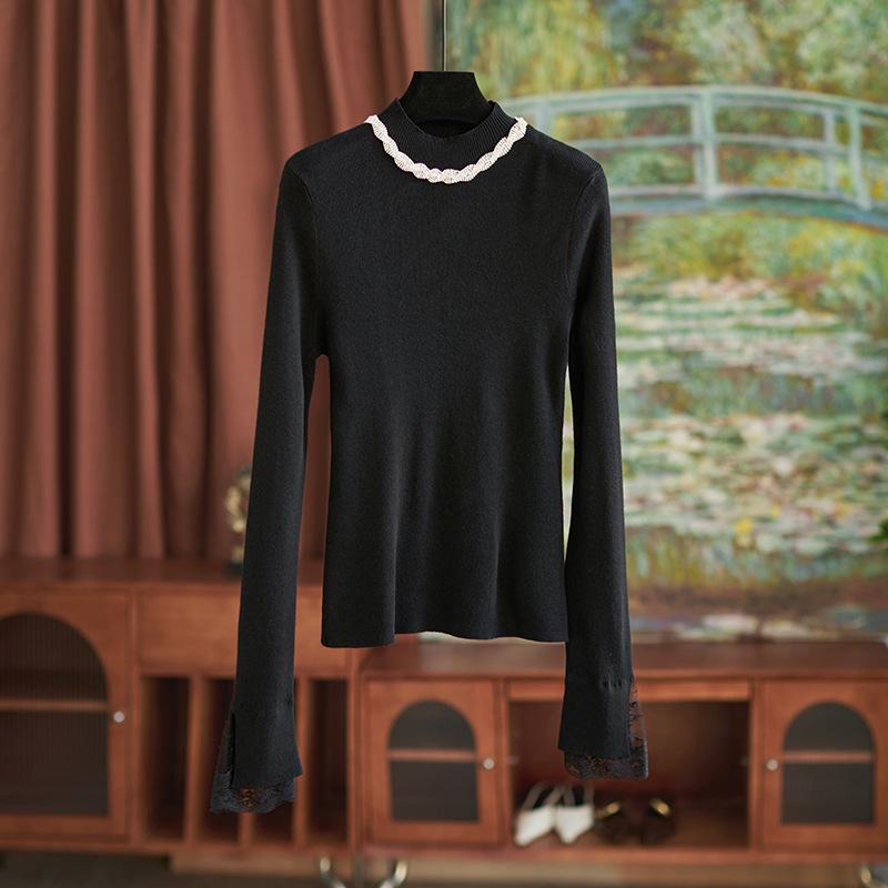 

Изысканный легкий роскошный вязаный свитер с кружевными манжетами и бриллиантовыми цепочками для женщин One Size чёрный