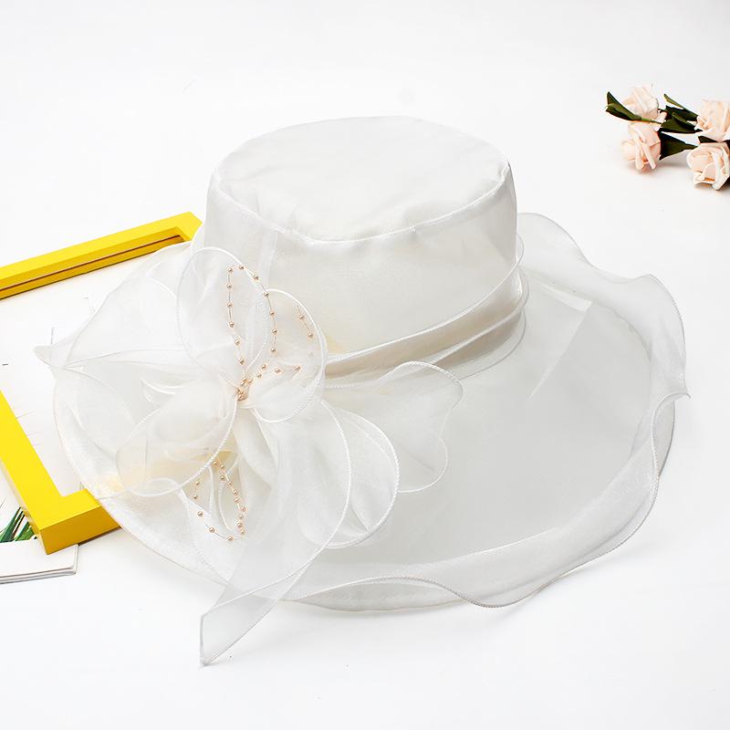 Hat Female Summer Vintage British Style Organza Flower Vacation Big Eaves Beach Sunscreen Flat Top Sun Hat