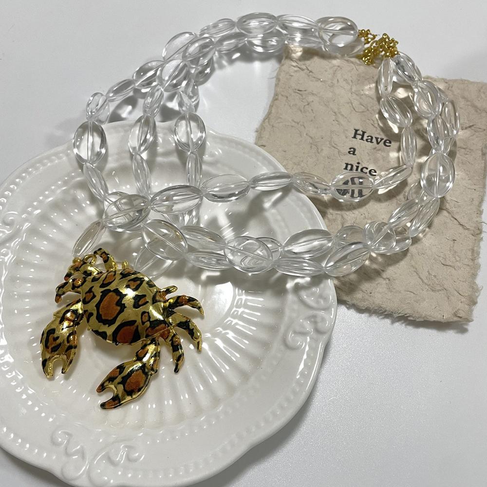 Exaggerated Multi-Layer Transparent Beaded Leopard Print Crab Pendant Necklace Unique Fashion Collarbone Chain Trendy Jewelry Other