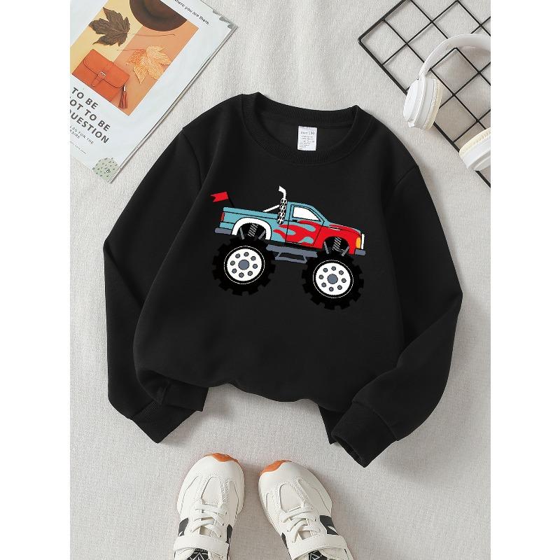 Monster Truck Flame Design Unisex Crew Neck Fashion Sweatshirt, Autumn and Winter Western Style Top, Children's Long Sleeved T-shirt