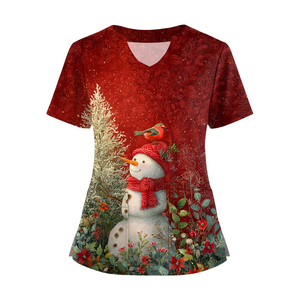 Women's Short Sleeved Christmas Printed V-neck Buttonable Side Slit Top T-shirt