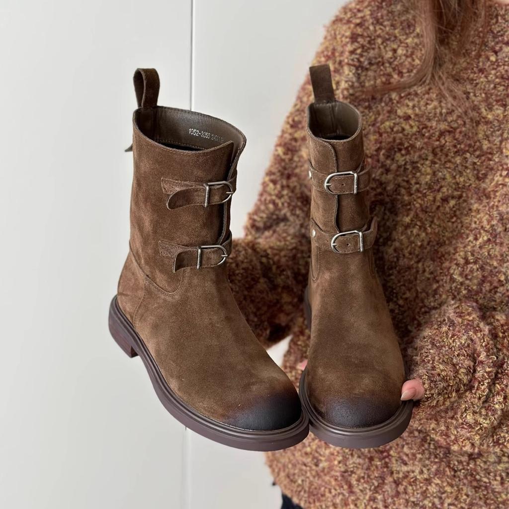 Sheepskin version~ retro polished belt buckle western cowboy boots slim short boots women's Maillard Martin boots locomotive boots