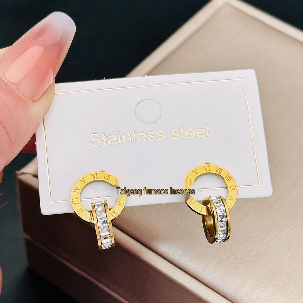 Rose Gold Titanium Steel Diamond Stud & Double Ring Dangle Earrings for Women