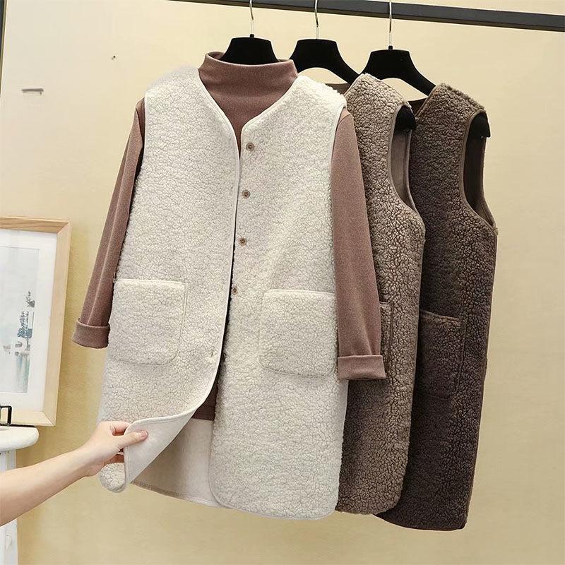 Spring and Autumn Mid-length Imitation Lamb Wool Ladies Vest Loose and Versatile Style Granular Fleece Vest Jacket