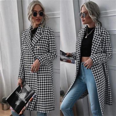 European-American Houndstooth Long Woolen Coat with Turn-Down Collar and Long Sleeves - Autumn/Winter 2021 Collection