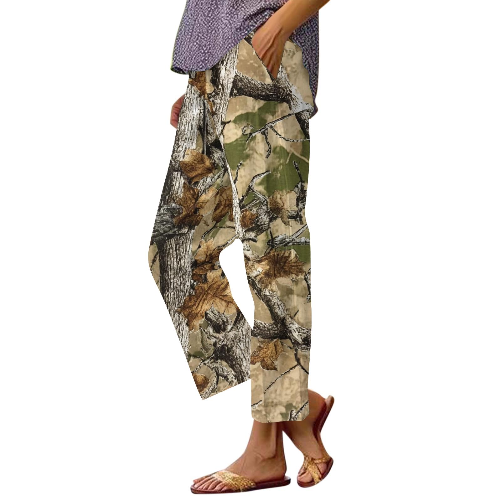 Women s fashion printed pocket elastic waist casual pants S бронзовый