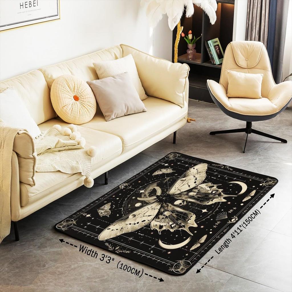 Erosebridal Moth Skull Moon Area Rug 4'11" X 3'3" Bohemian Stars Exotic Living Room Rugs Starry Sky Mysterious Decorative Carpet Black and W
