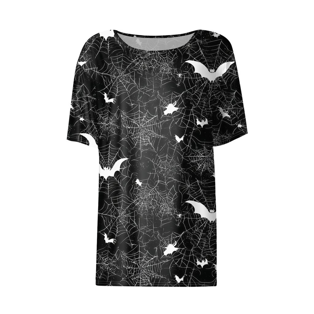 Women's Casual Short Sleeve Pullover Top Halloween Bat Pumpkin Print Round Neck Lightweight Shirt for Everyday Wear
