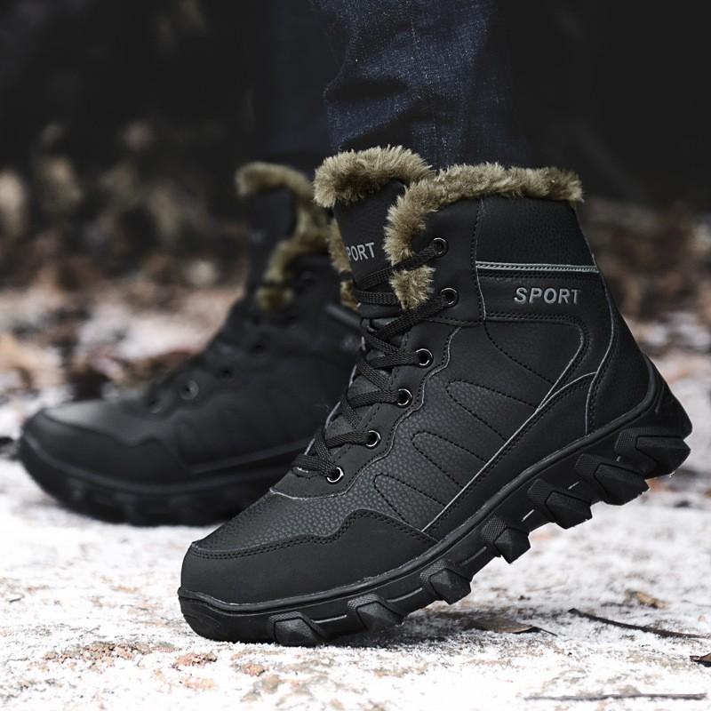 Mens Winter Snow Boots With Faux Fur Lining High-Top Outdoor Hiking Shoes Warm Thick Sole Rubber Bottom
