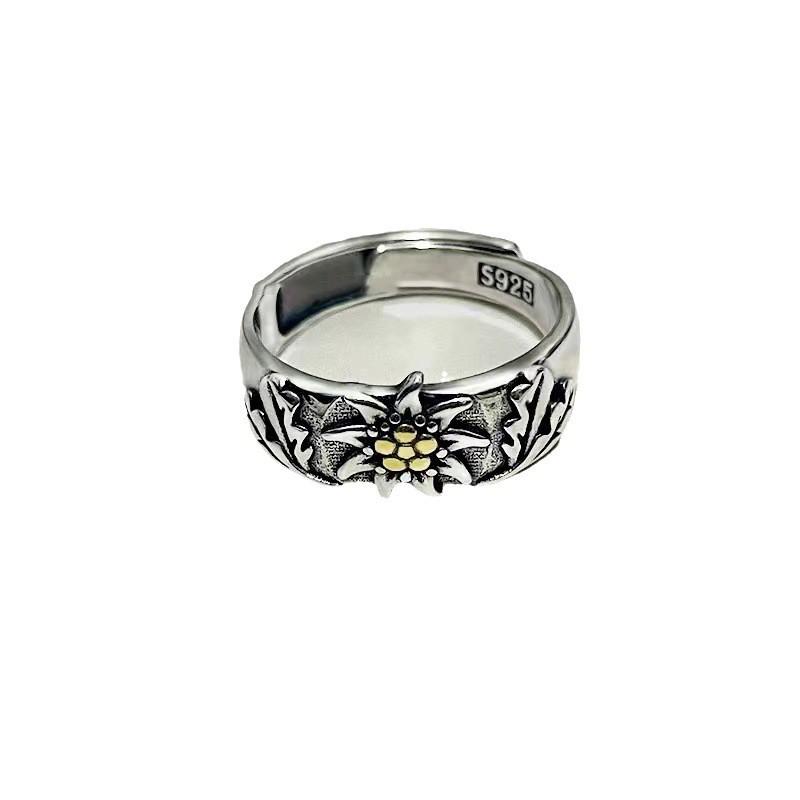 Adjustable Sterling Edelweiss Flower Ring With Copper Inlay Vintage Floral Jewelry Men Women
