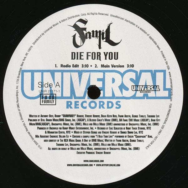 

12inch Record FAMIL Die For You UNIR211711 Universal Recor 2004 US Rap HipHopRB Used