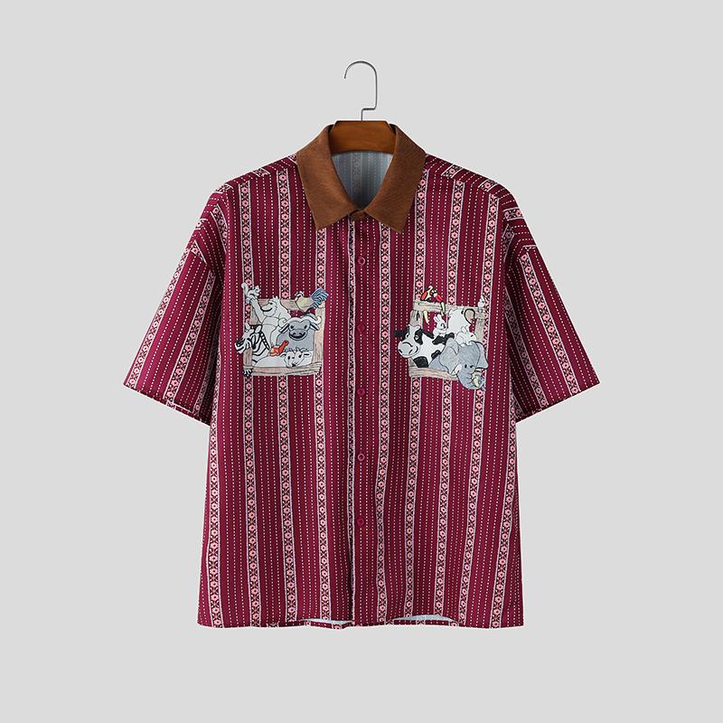 INCERUN Summer Men Lapel Neck Short Sleeve Patchwork Striped Casual Shirts Tops