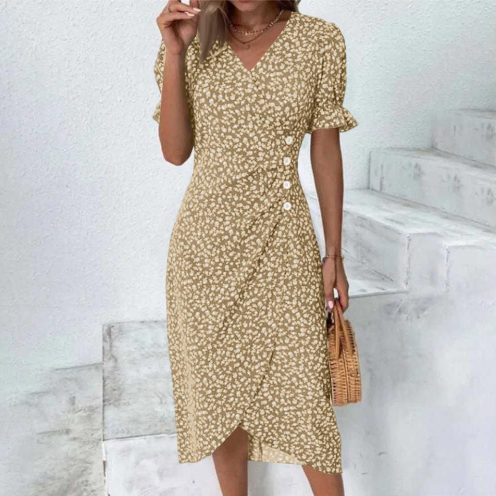 Women's Summer Casual Dress V Neck A-line Boho Ditsy Floral Flounce Sleeve Wrap Hem Dress