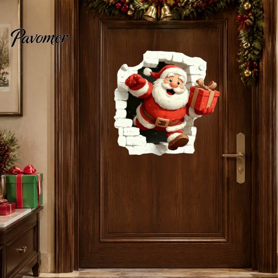 Xmas Home Decor Christmas Santa Wall Stickers, 3D Claus Reindeer Break-Through Self-Adhesive Indoor Outdoor Holiday Ornaments Decal, Removable Window
