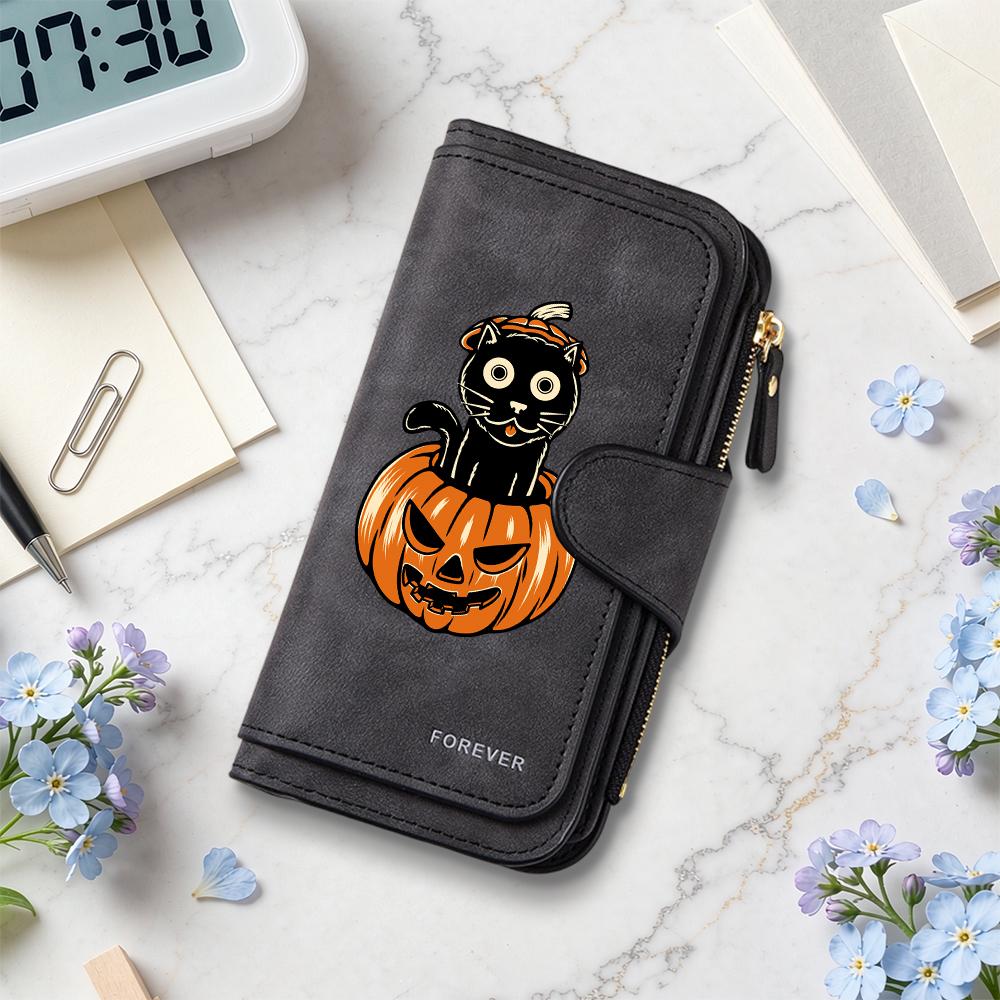 Halloween Black Cat Pumpkin Pattern Long PU Wallet Cute Fashion Multi Card Slot Purse for Daily Use