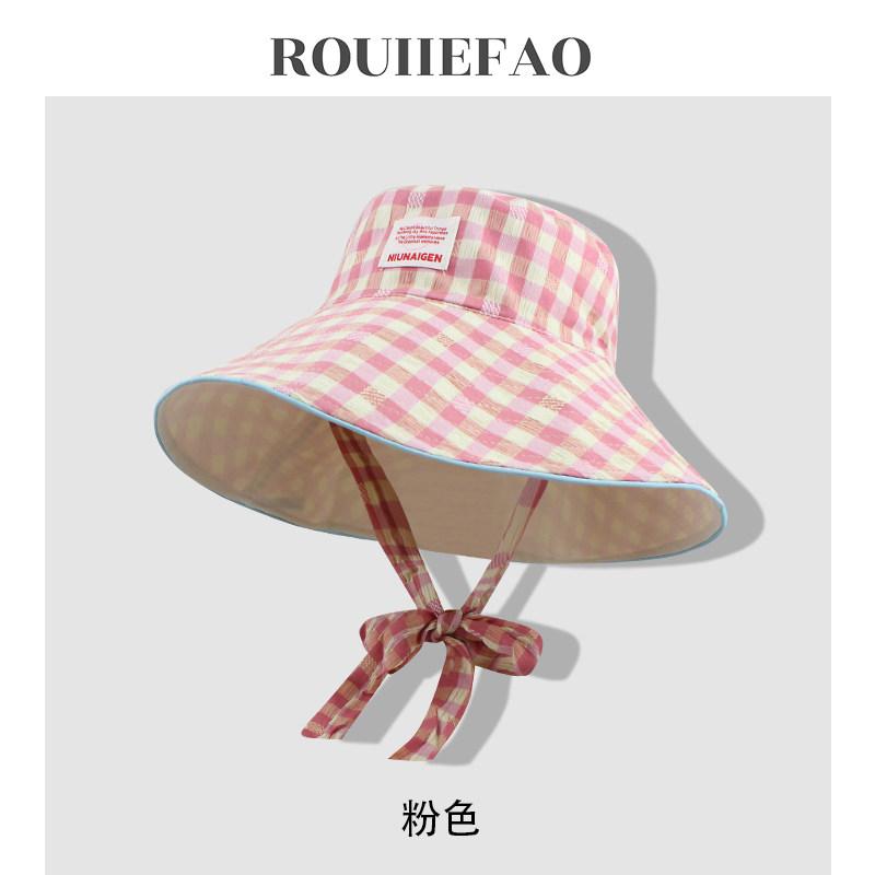 1pc Retro Ins Sweet Plaid Tie Strap Bucket Hat for Women,Summer Big Brim Double Sided Sun Caps Travel Versatile Fisherman Hats