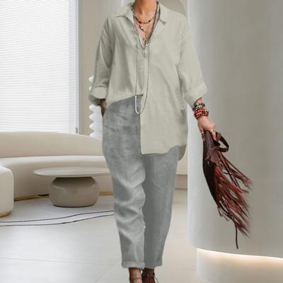 2 Pcs/Set Women Shirt Pants Set Elastic Waist Pockets Single Breasted Long Sleeve Lapel Daily Wear Solid Color Cardigan Plus Size Lady Outfit