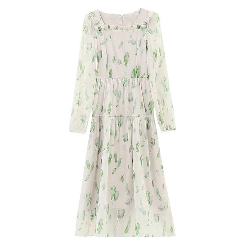 Elegant French Floral Print Puff Sleeve Dress: Spring & Autumn Waist-Cinching Long Skirt