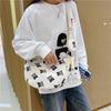 Cute Bear Print Cotton Shoulder Bag For Daily Use With Zipper Closure And Mobile Pocket