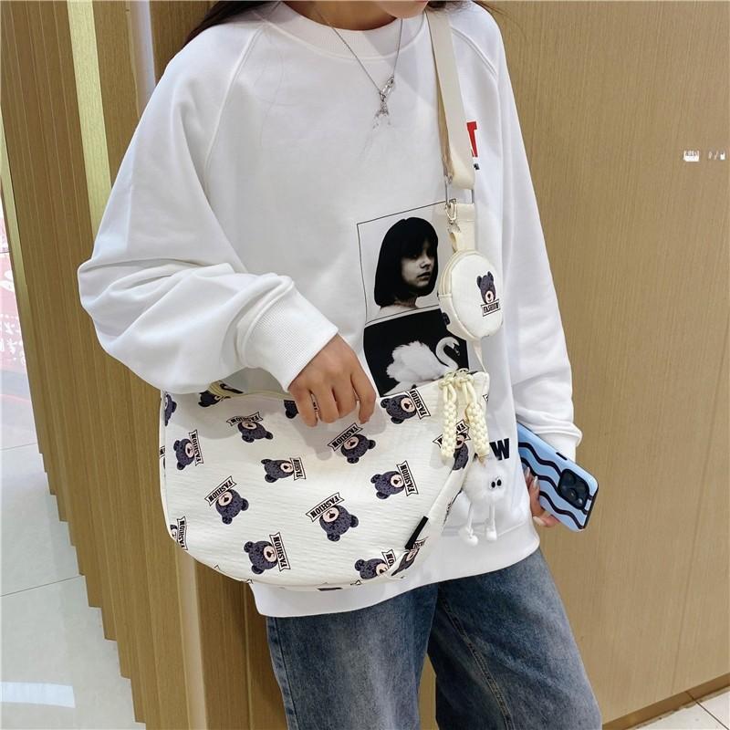 Cute Bear Print Cotton Shoulder Bag For Daily Use With Zipper Closure And Mobile Pocket
