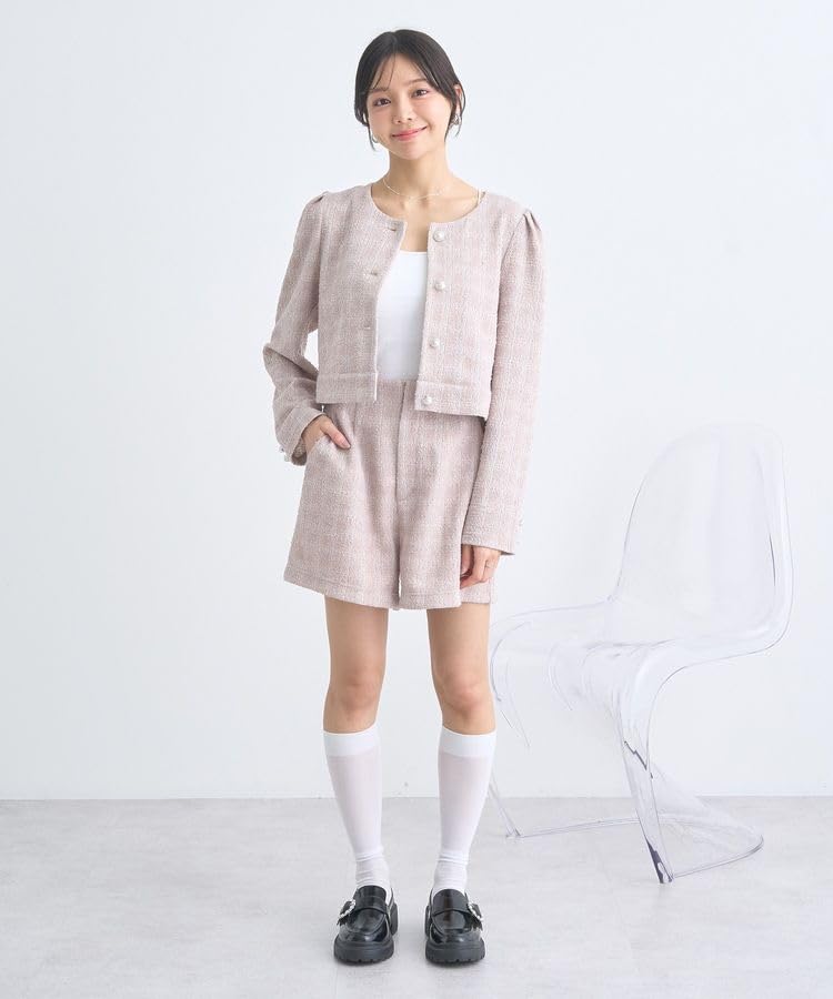 Music Cardigan Cut Tweed Short Jacket for Pink Beige [Earth & Ecology] Women,