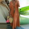 HNXC Women Summer Fashion Solid V-Neck Plus Size Dress Loose Long Oversized Casual Short Sleeve Dress