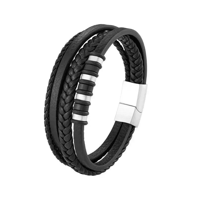 Hochwertiges handgeflochtenes Leder Edelstahl Magnetverschluss Armband Herren Charme Mode Lässiger Schmuck Geschenk