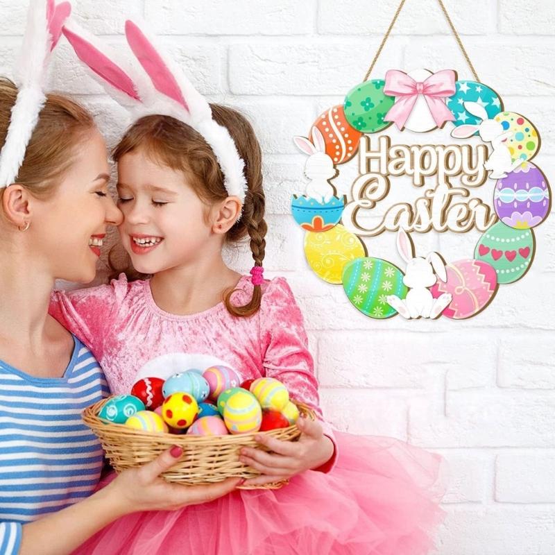 Easter Wooden Welcome Sign with Spring Flowers Rabbit Designs for Door Decoration Hanging Ornament