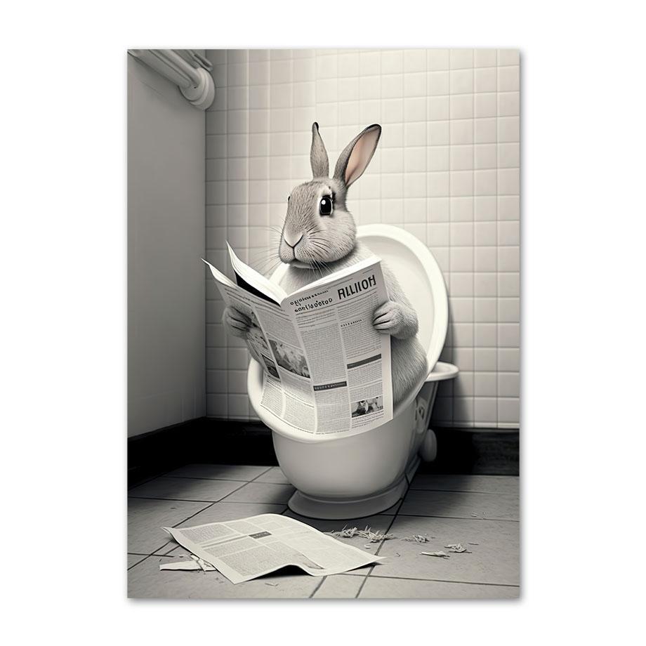 Lion Rabbit Bear Sitting On The Toilet Reading A Newspaper Posters And Print Wall Art Canvas Painting Funny Bathroom Humor Decor