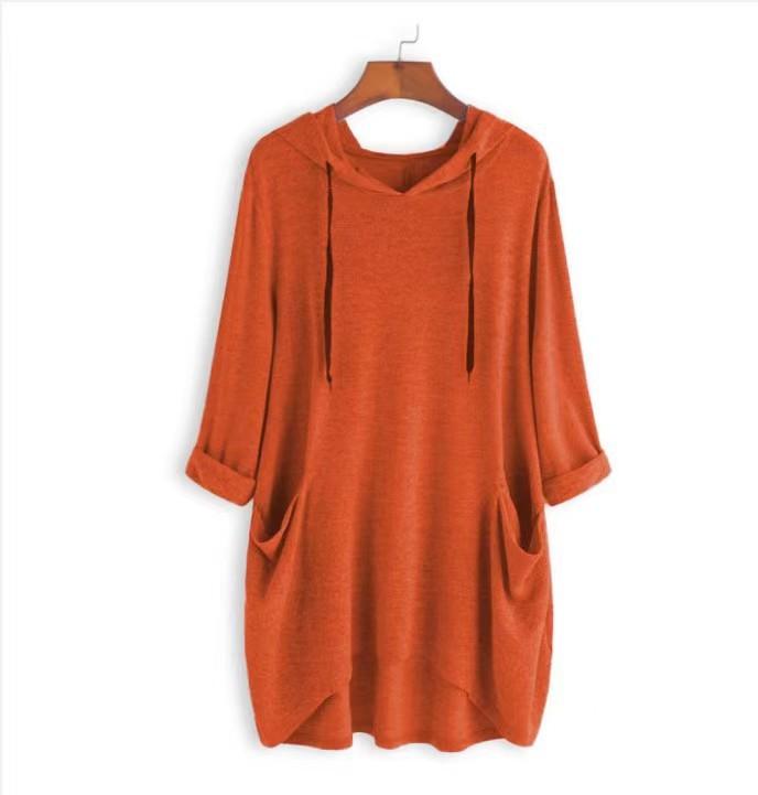 Spring Autumn Women's Hooded Solid Color Loose Long T-shirt Irregular Long Sleeve Pocket Pullover Top