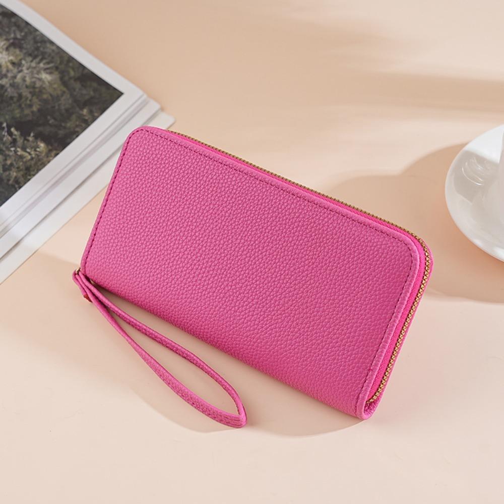 Luxury Leather Long Wallet With Wrist Strap Solid Color Multi Card Holder Large Capacity Phone Handbag Women