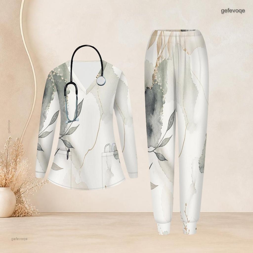 Women Plus Size Abstract Printed V Neck Long Sleeve Nurse Scrub Set With Pockets Two Piece