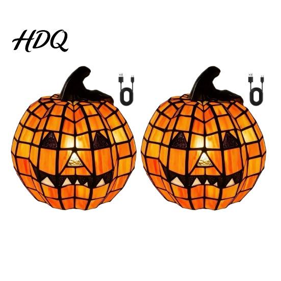 Jack-O-Lantern Nigh Light 1/2Pcs Halloween Bow Pumpkin Light Stained Glass Desk Lamp Table Centerpieces Spooky Decoration for Home Office Fall